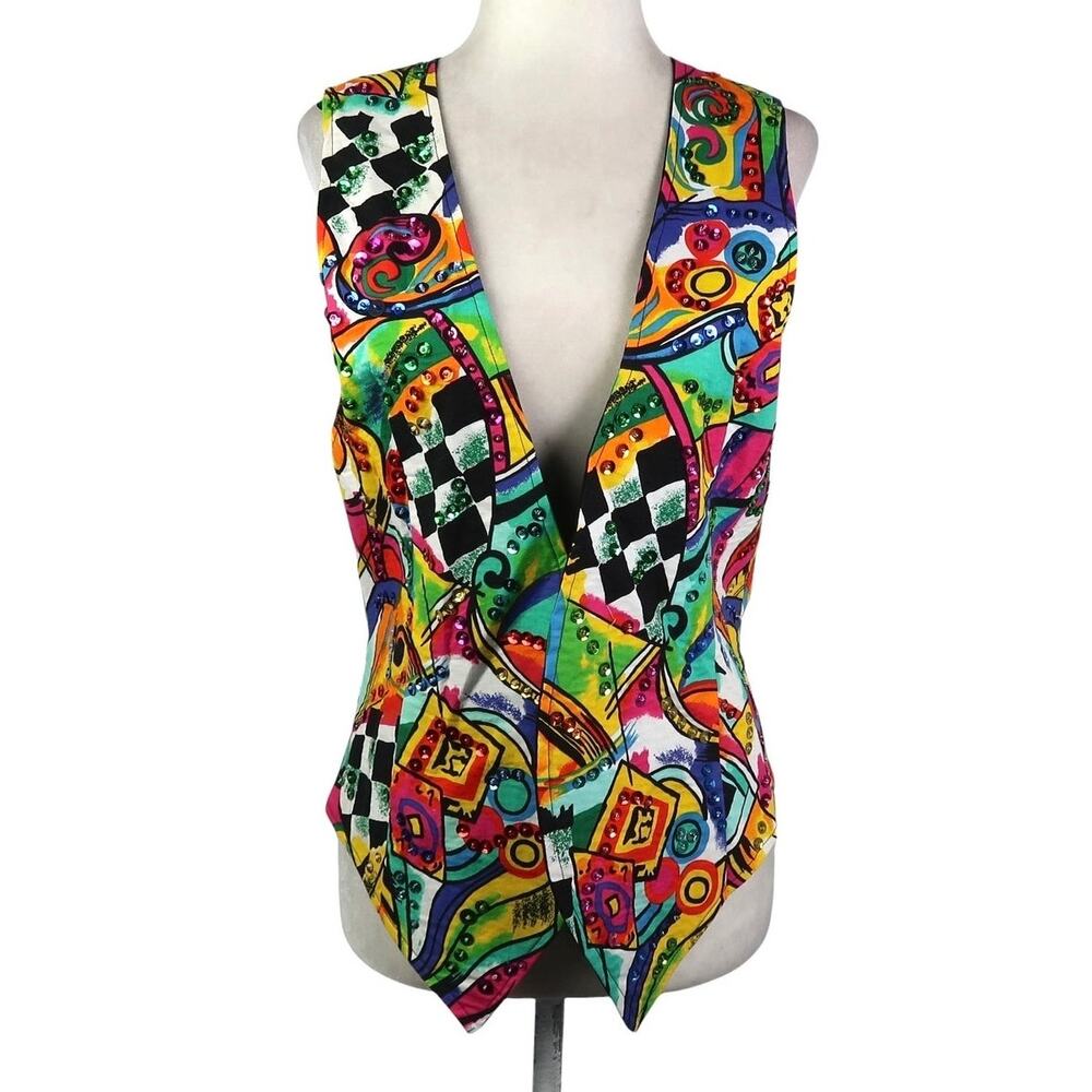Vintage 80s Colorful Rainbow Abstract Art Print Sequin Vest S